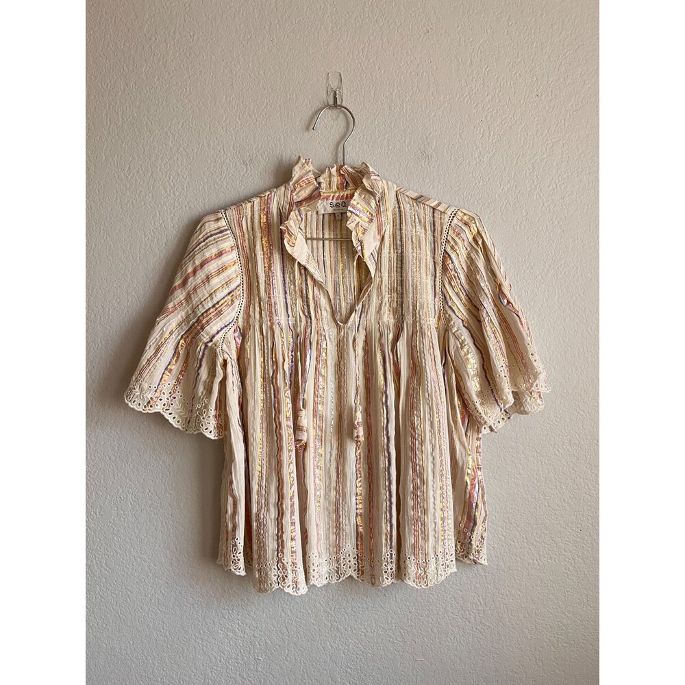 Sea New York Harriet Pintucked Top in Cream Metallic Stripe Size US 6